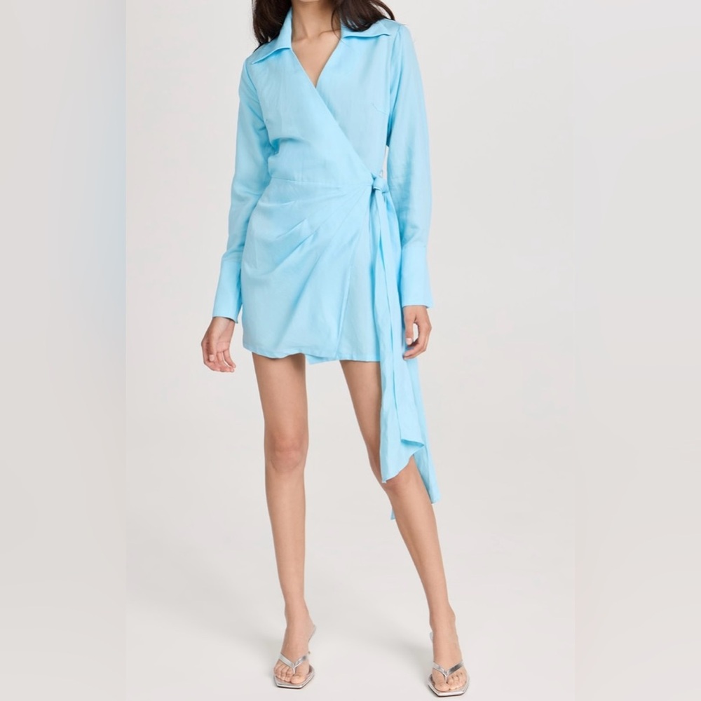 Hevron NWT Dori Linen-Blend Wrap Shirt Mini Dress in Icy Blue